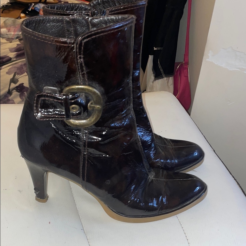 Stuart Weitznan Patent Leather Ankle Boots with Buckle - Black